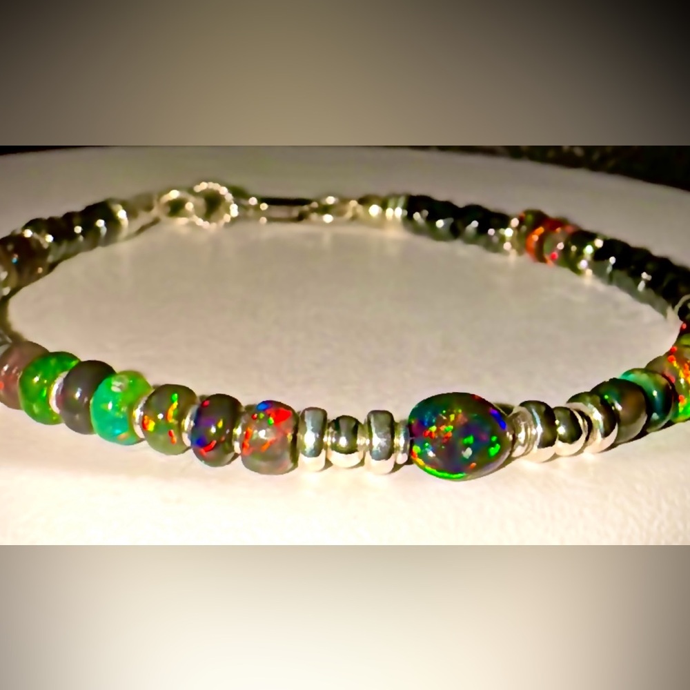 Ethiopian Black Opal Hematite Gemstone Bracelet in Sterling Silver